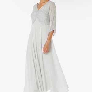 J Kara V-Neck Beaded & Sequin Gown Silver 14